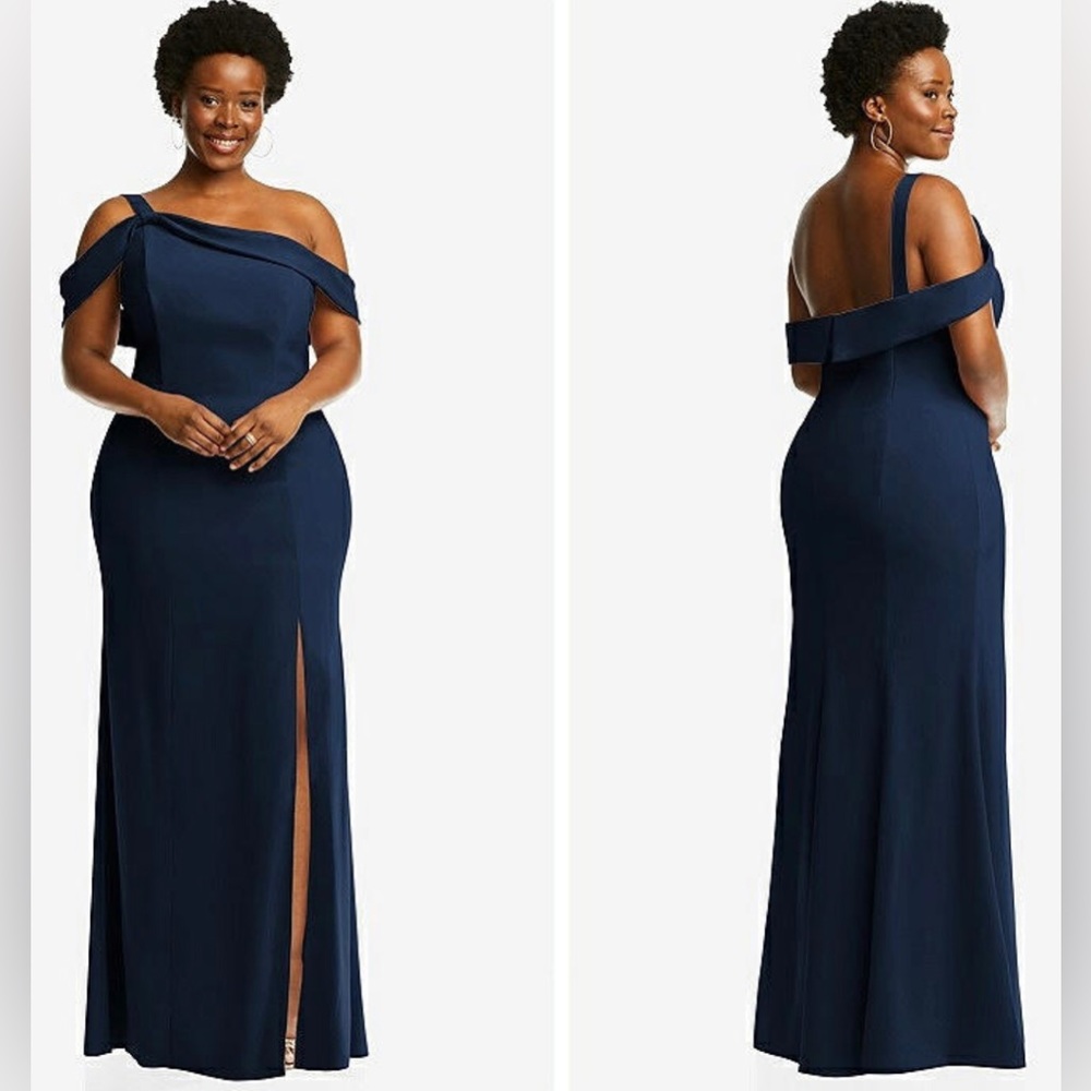 NWT After Six Draped Cuff Maxi Dress with Front Slit in Midnight Navy - Size 24